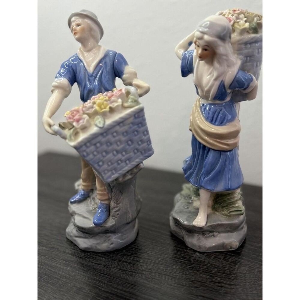 Vintage Porcelain Figurines Pair Boy Girl Flower Basket Home Decor